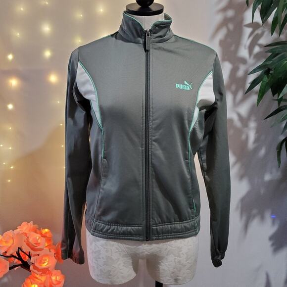 Puma Mock Neck Full Zip Track Jacket Women's Size S Gray/White Retro Activewear - Picture 1 of 13
